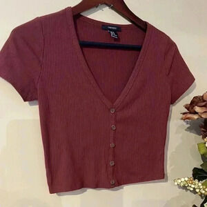 Forever 21 Women’s Medium Maroon/Reddish-Brown Faux Buttons Ribbed Crop Top